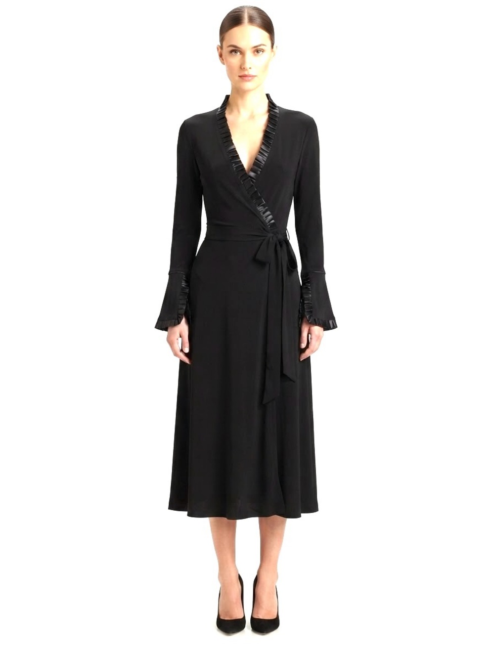 Diane Von Furstenberg Black Wrap Midi Dress with Satin Trim